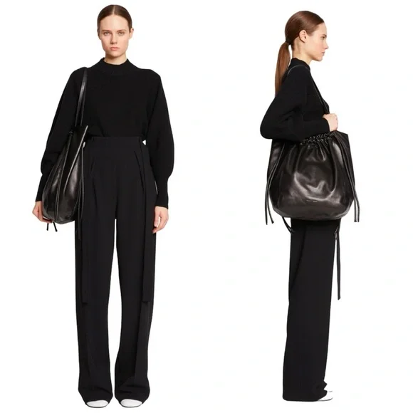 NWT PROENZA SCHOULER Black Leather Drawstring Tote Bag With Detachable Zip Pouch - Picture 2 of 16